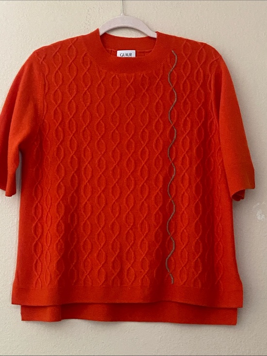Guaur Sweaters - GUAUR Cashmere Cable Knit Short Sleeve Sweater in Bright Orange, Size Medium